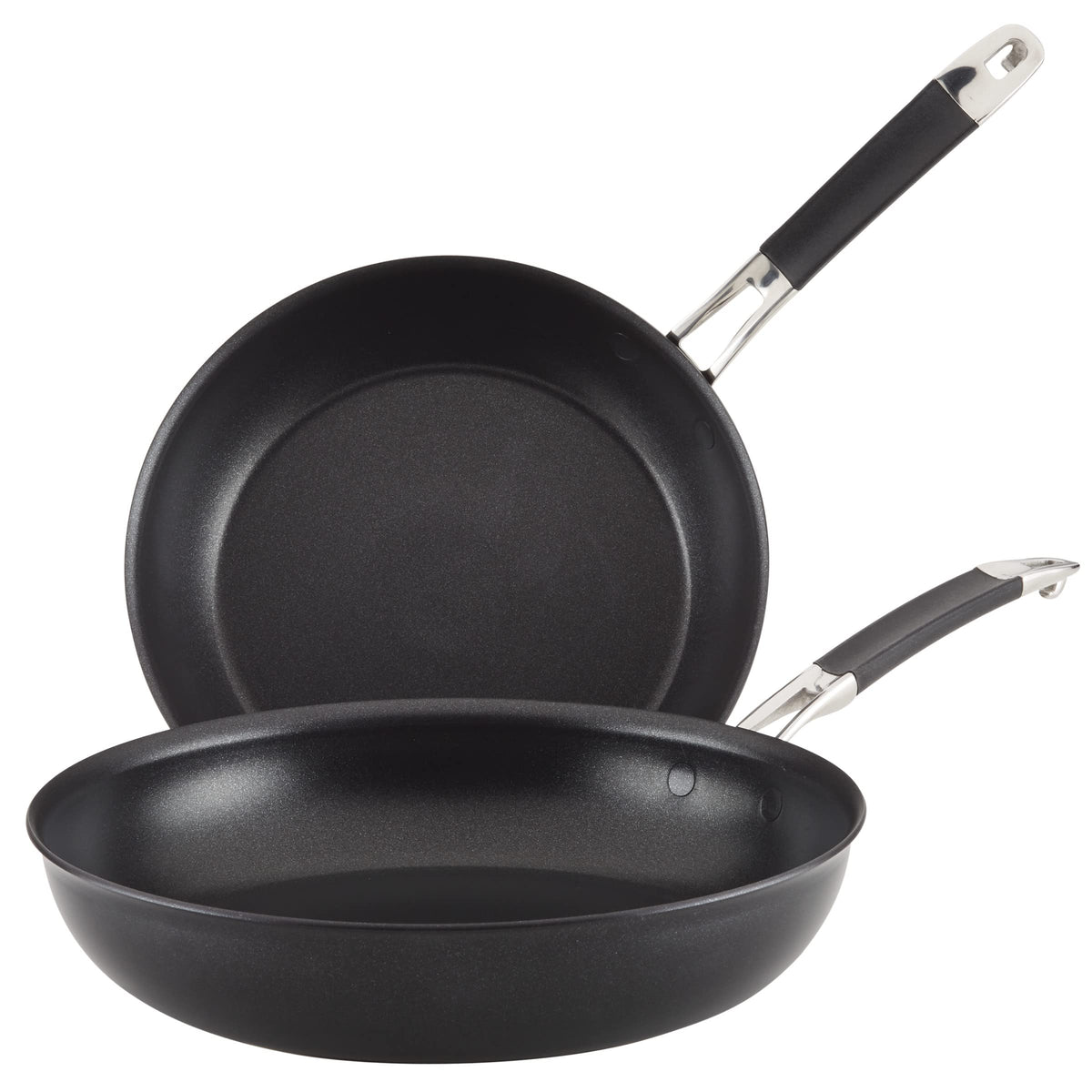 Anolon SmartStack sartenes apilables de 10 y 12 pulgadas en negro, ahorro de espacio.