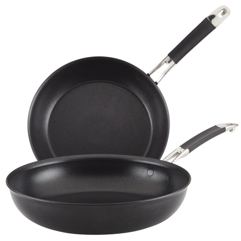 Anolon SmartStack sartenes apilables de 10 y 12 pulgadas en negro, ahorro de espacio.