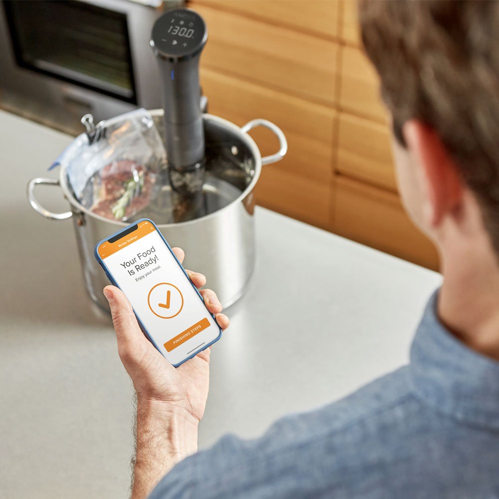 Anova Culinary Nano 2.0 con aplicación móvil para control remoto y resultados consistentes.