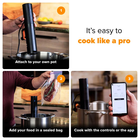 Anova Culinary Sous Vide Mini, diseño negro naranja, cabe en cualquier cocina.