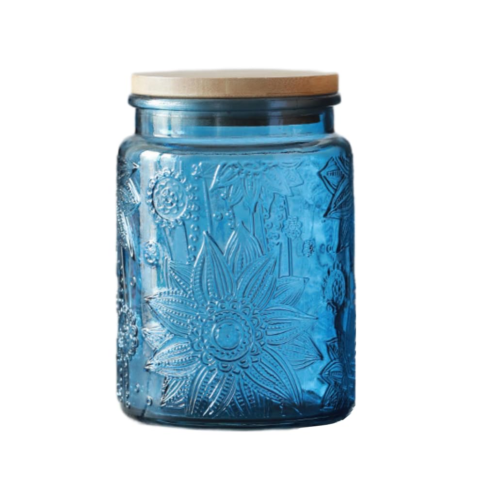 ANSQU bote de cristal azul 700 ml con sol grabado, elegante para la despensa
