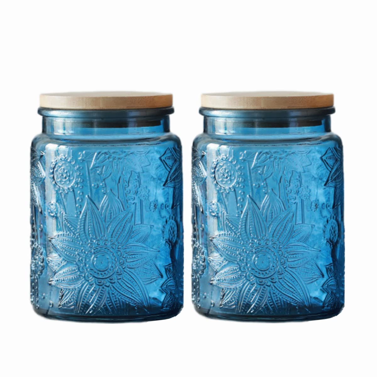 Jarras ANSQU de vidrio azul vintage con tapa de bambú para conservar alimentos.