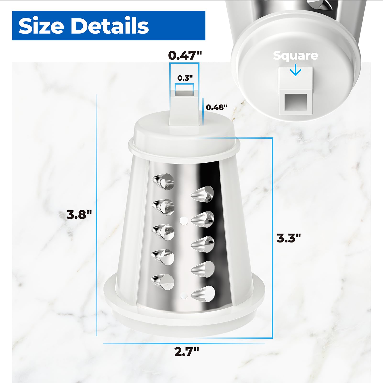 Cono rallador para queso duro, ideal para tiradas finas o gruesas.