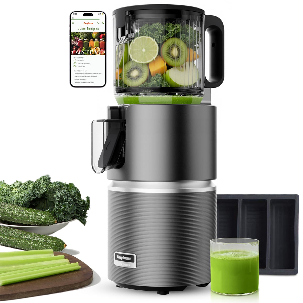 Anybear prensado en frío con boca amplia para frutas enteras.