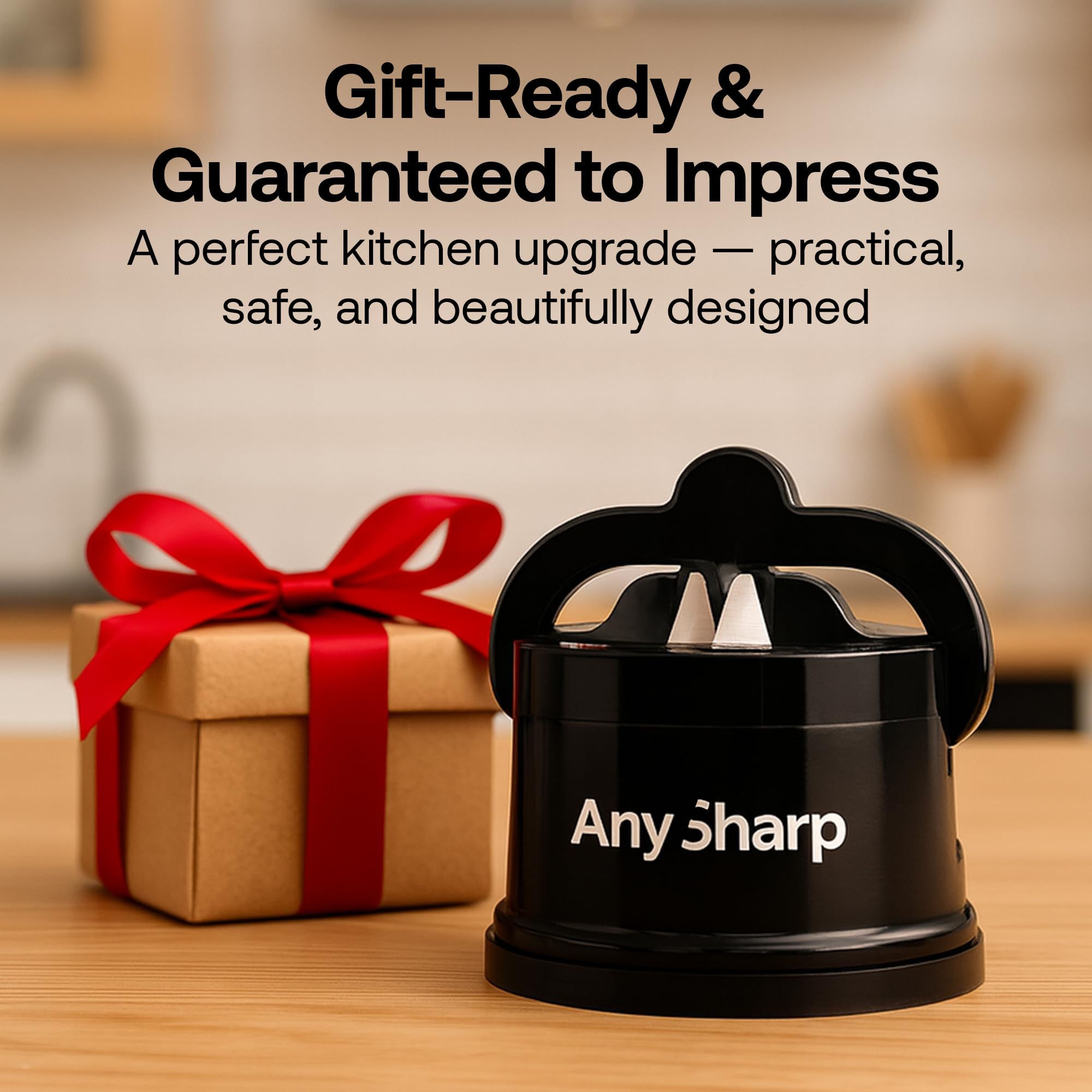 AnySharp CHEF en entorno de cocina estilizado, producto práctico para usuarios diarios