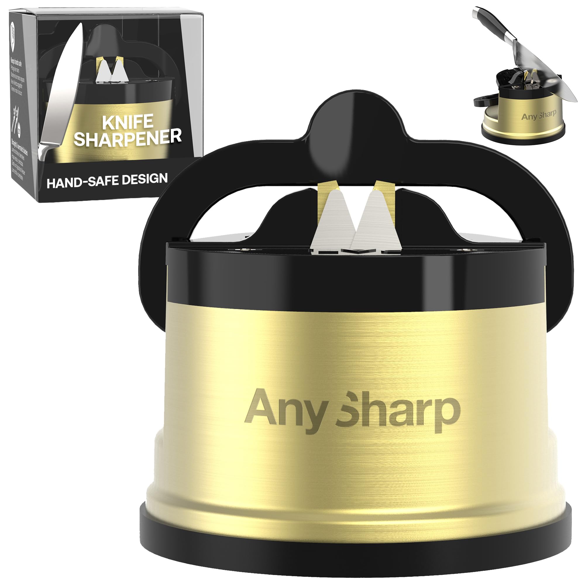AnySharp CHEF vista frontal con cabeza de latón, diseño compacto y profesional