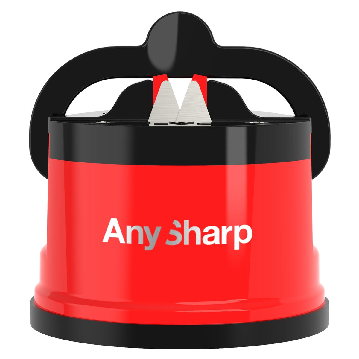 AnySharp vista frontal del afilador rojo mostrando diseño compacto y seguro