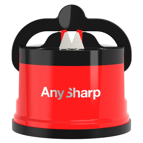 AnySharp vista frontal del afilador rojo mostrando diseño compacto y seguro