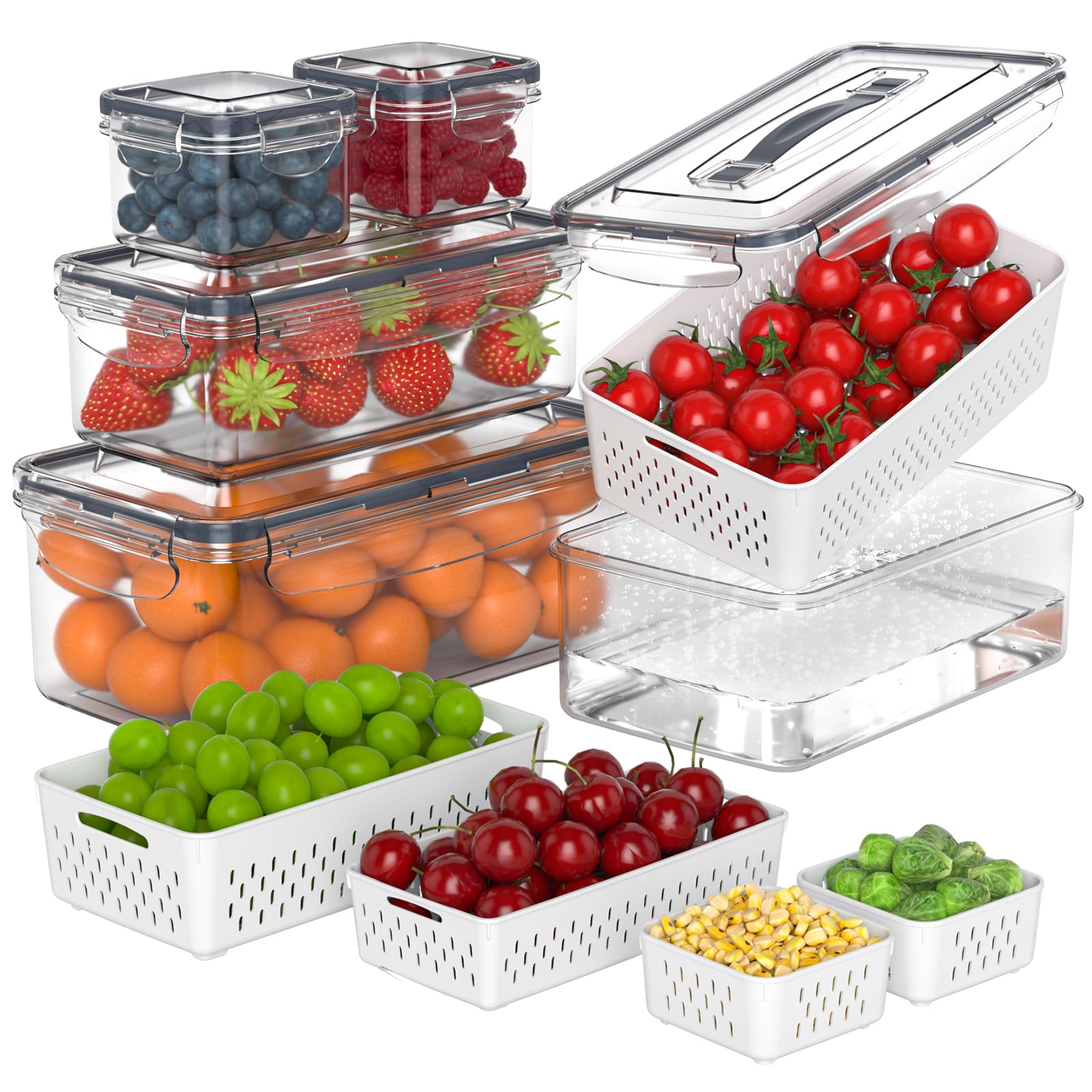 Recipientes Anysig rectangulares con tapas para frutas y verduras, orden en la nevera.