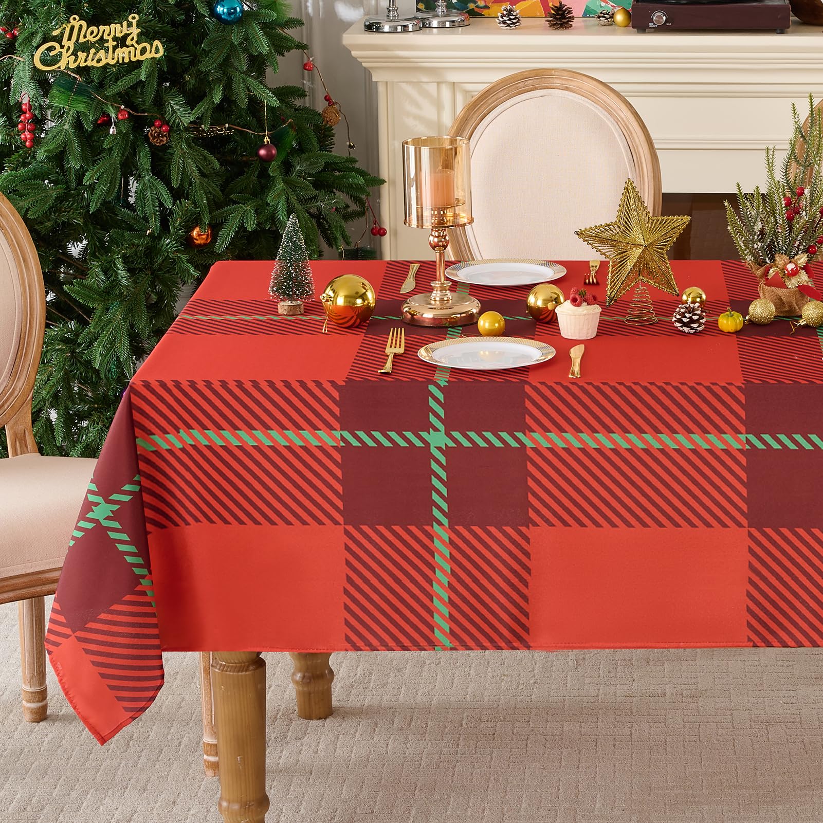 Mantel Aocoz Navidad con cuadros rojos 60x102 para mesa festiva y protección contra manchas.