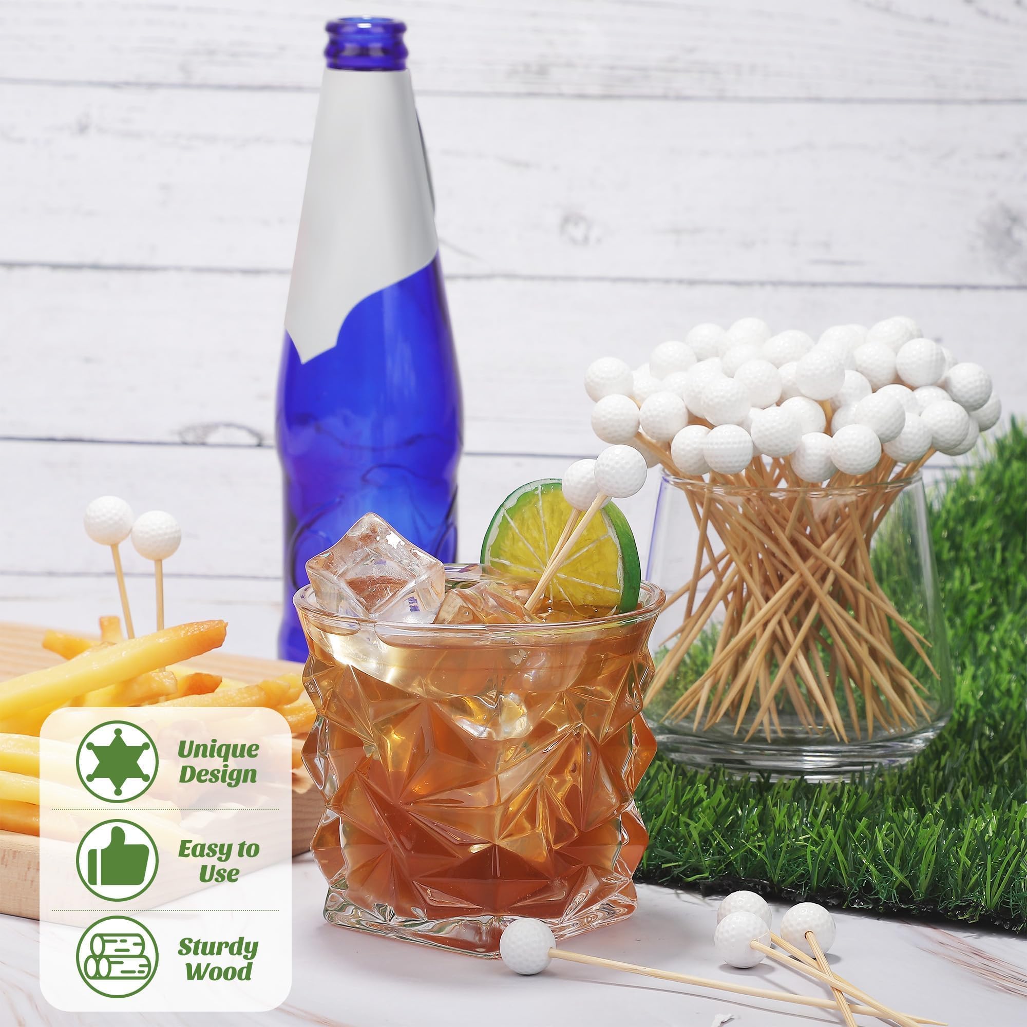 Palillos de golf para aperitivos, decorativos y prácticos.