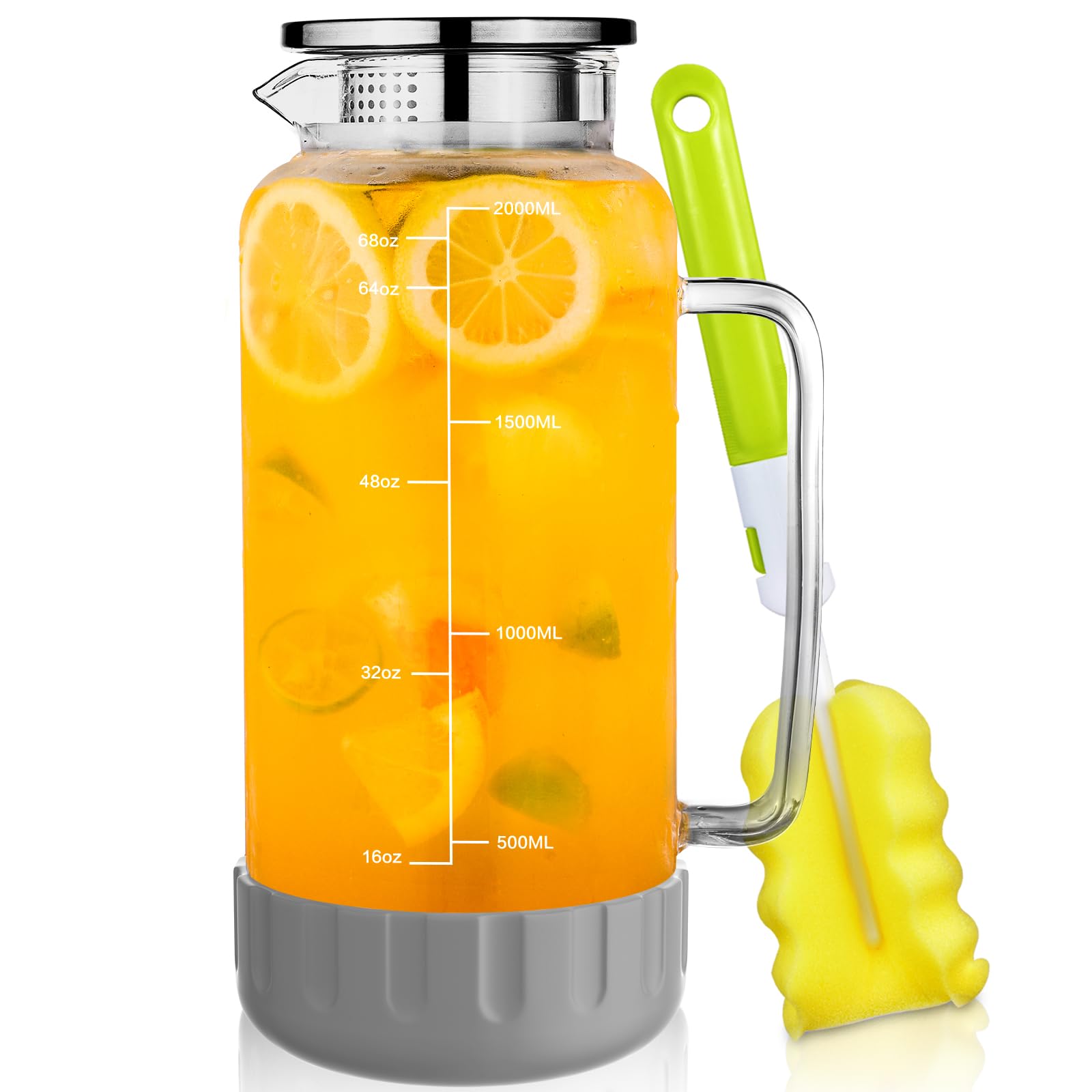 Jarra de vidrio Aofmee 68oz con tapa y base de silicona para mayor estabilidad.