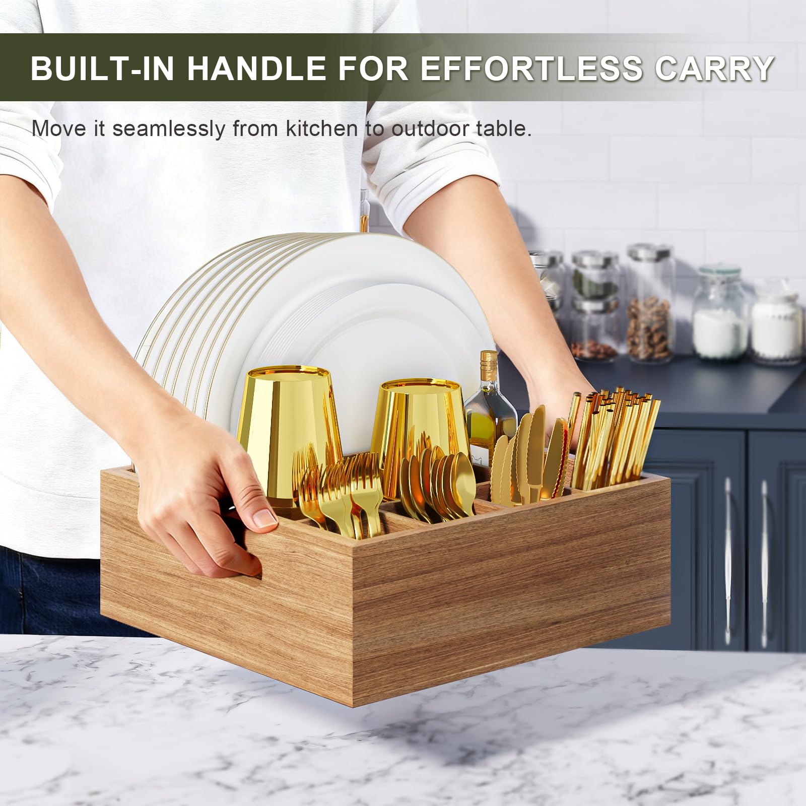 Organizador de utensilios Aofure con seis compartimentos para platos, cubiertos y servilletas.