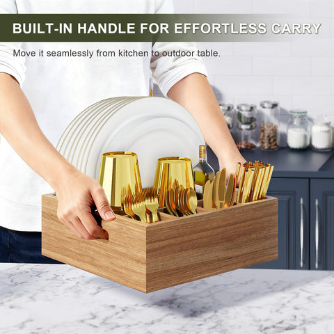 Organizador de utensilios Aofure con seis compartimentos para platos, cubiertos y servilletas.