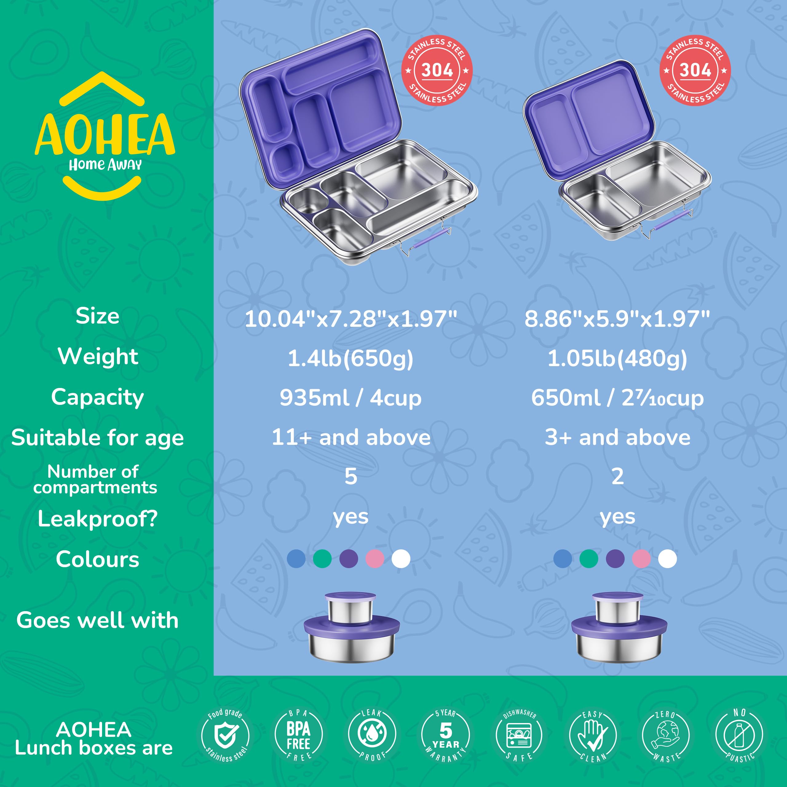 AOHEA Bento acero inoxidable 304, durabilidad para uso diario de niños.