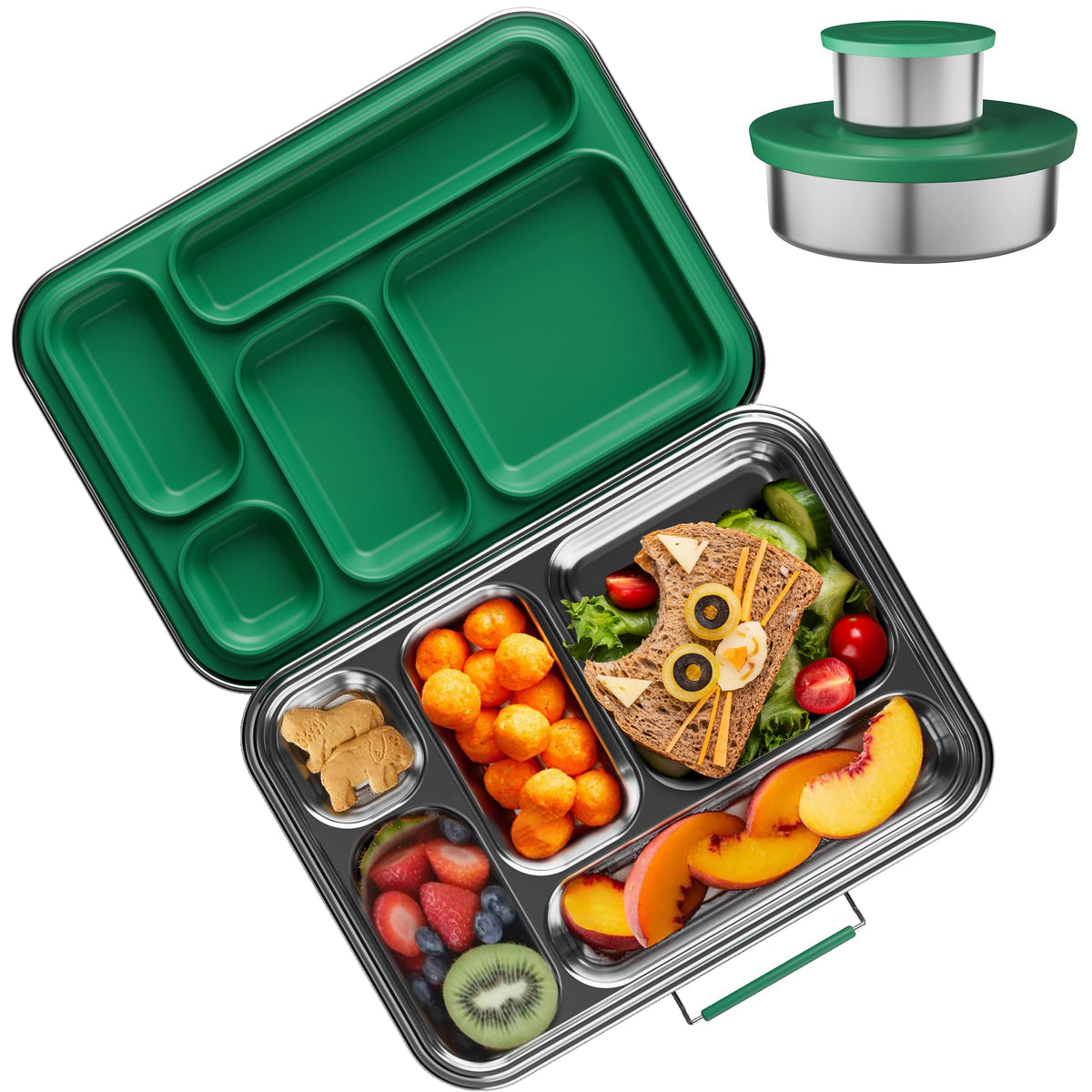 AOHEA bento infantil verde con 5 compartimentos, ideal para meriendas escolares.