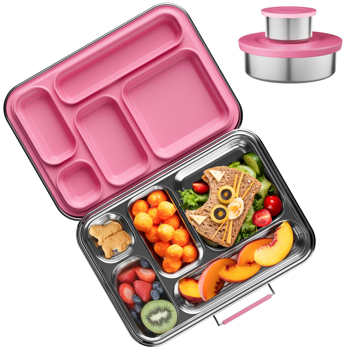 AOHEA caja bento rosa de acero inoxidable con 5 compartimentos para comidas diversas.