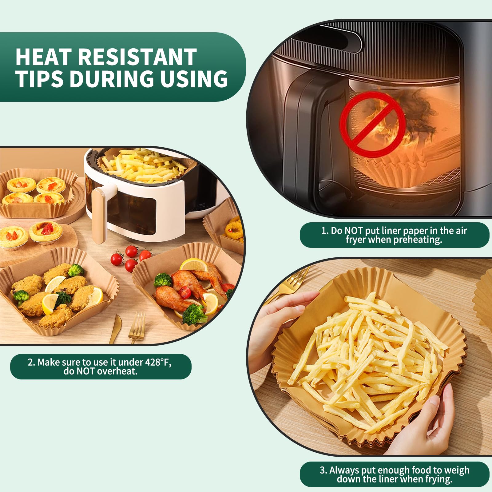 AOJOYS liner desechable antiadherente para freidora de aire, ideal para pizzas.