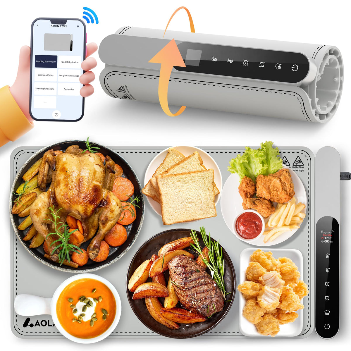AOLADY Almohadilla calentadora de comida con control por app, vista frontal.