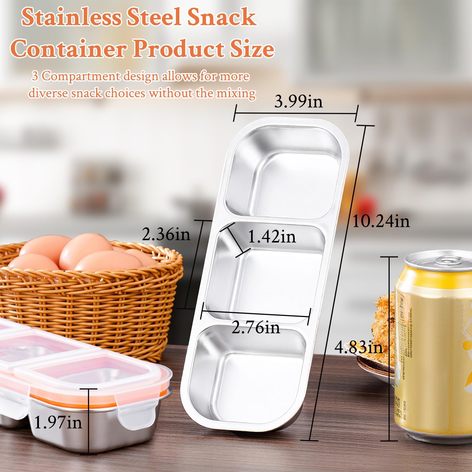 Aomeskoitoy: contenedor snack 3-compartimentos, dimensiones claras para planificar comidas saludables