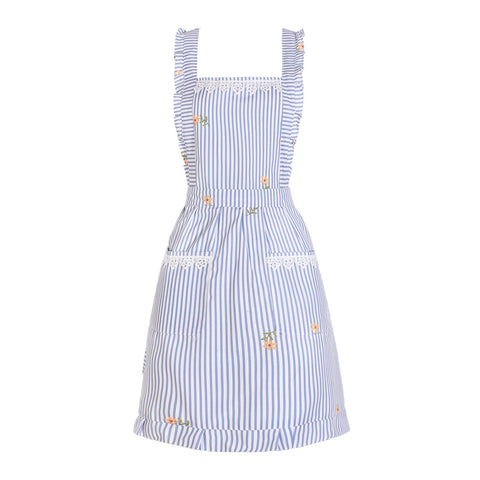 Aoomzoon delantal mujer frontal azul con rayas, ideal para cocinar sin manchas.