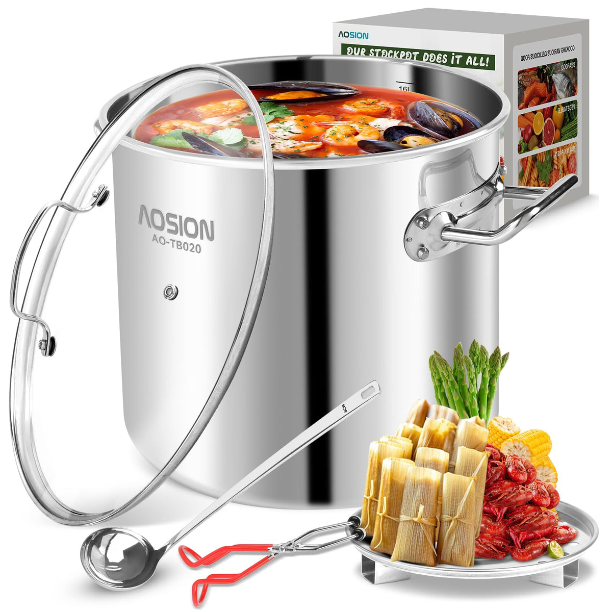 Olla AOSION de acero inoxidable 20qt con tapa, ideal para guisos y caldos abundantes
