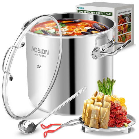 Olla AOSION de acero inoxidable 20qt con tapa, ideal para guisos y caldos abundantes