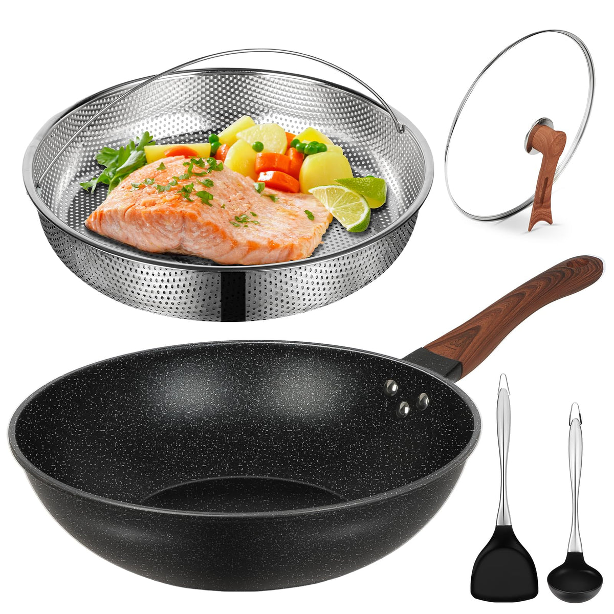 AOSION wok de 13 pulgadas con tapa antiadherente para saltear fácilmente