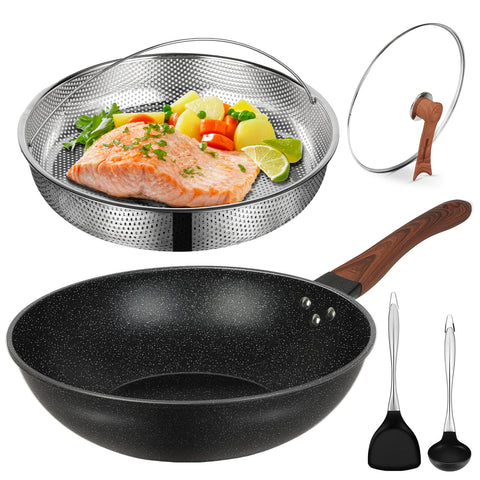 AOSION wok de 13 pulgadas con tapa antiadherente para saltear fácilmente