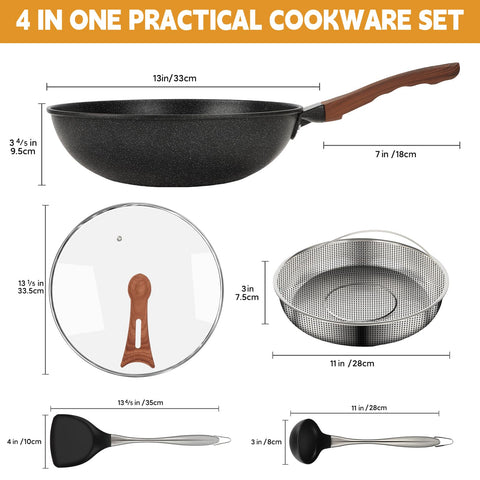 AOSION wok 13 pulgadas con cesta de vapor en acero inoxidable para cocinar al vapor