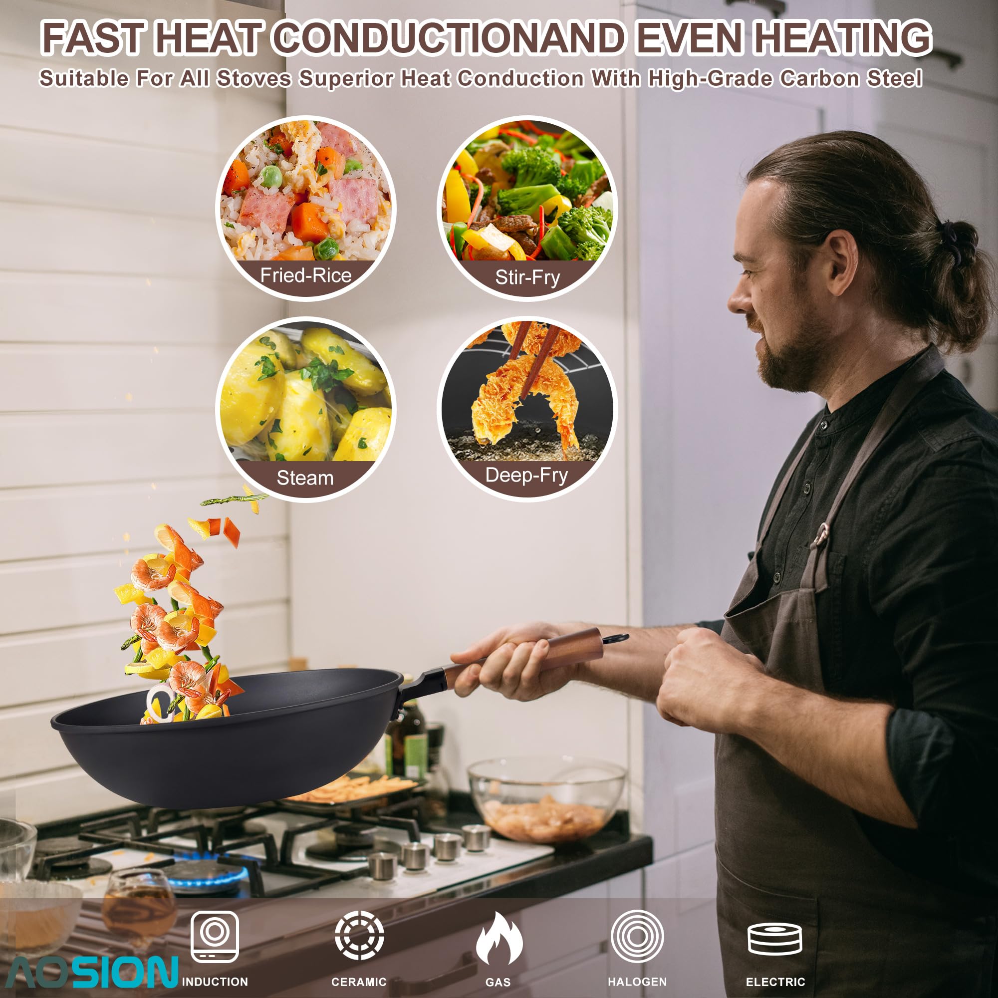 Wok de base plana AOSION compatible con inducción y otras cocinas