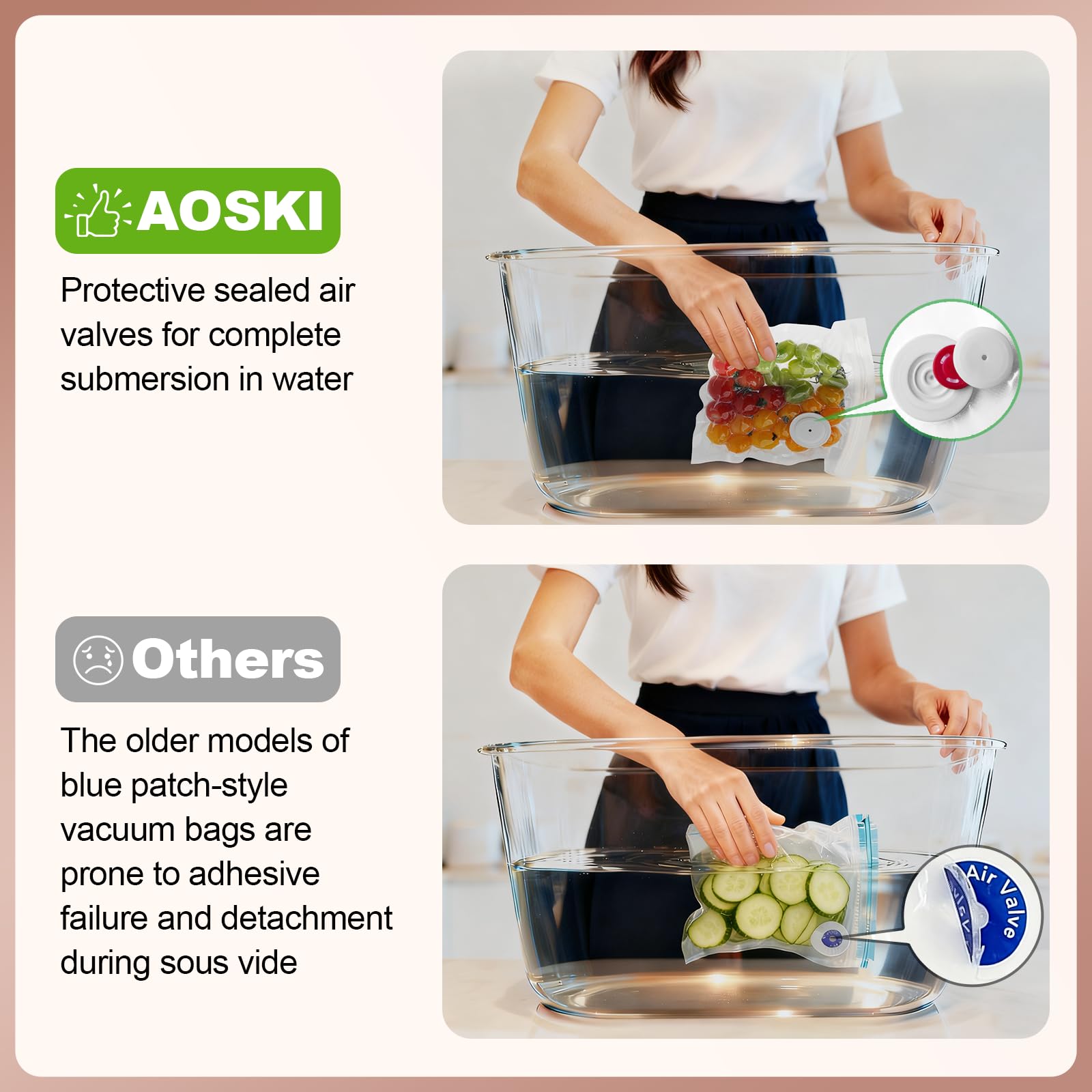 Bolsas AOSKI con válvula de aire integrada para sellado sin calor.