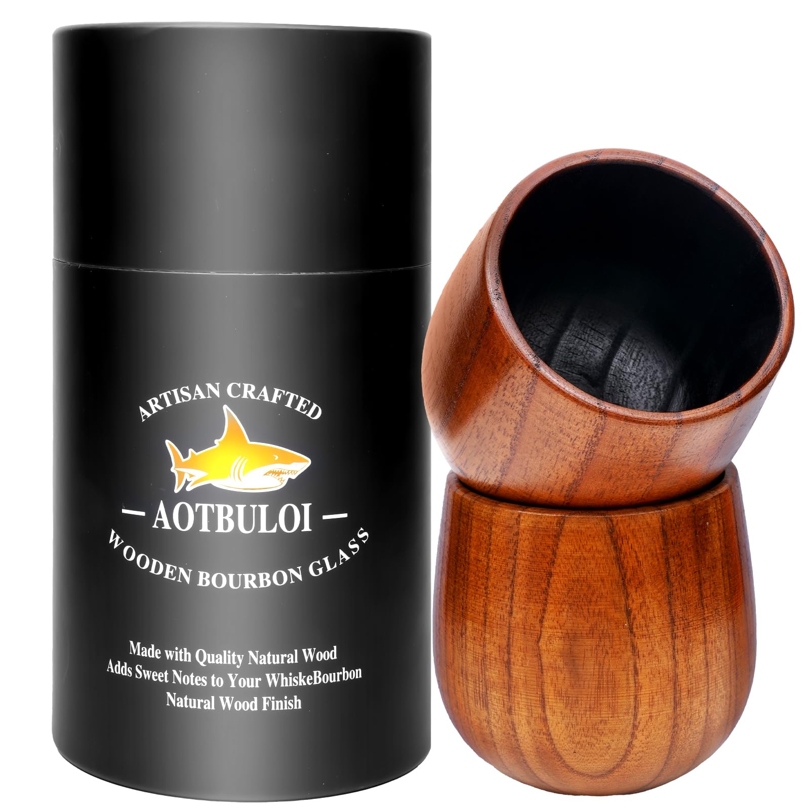 Vaso Aotbuloi de whisky estilo antiguo en madera carbonizada, acabado elegante y cálido.