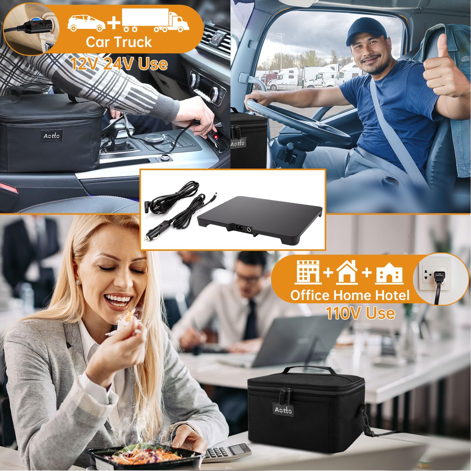 Calentador de comida Aotto para camión, ideal para almuerzos en ruta.