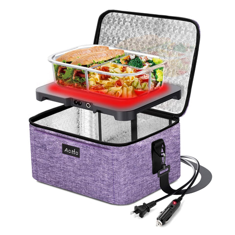 Fiambrera eléctrica portátil Aotto con conectores 12V/24V/110V para calentar comidas en ruta.