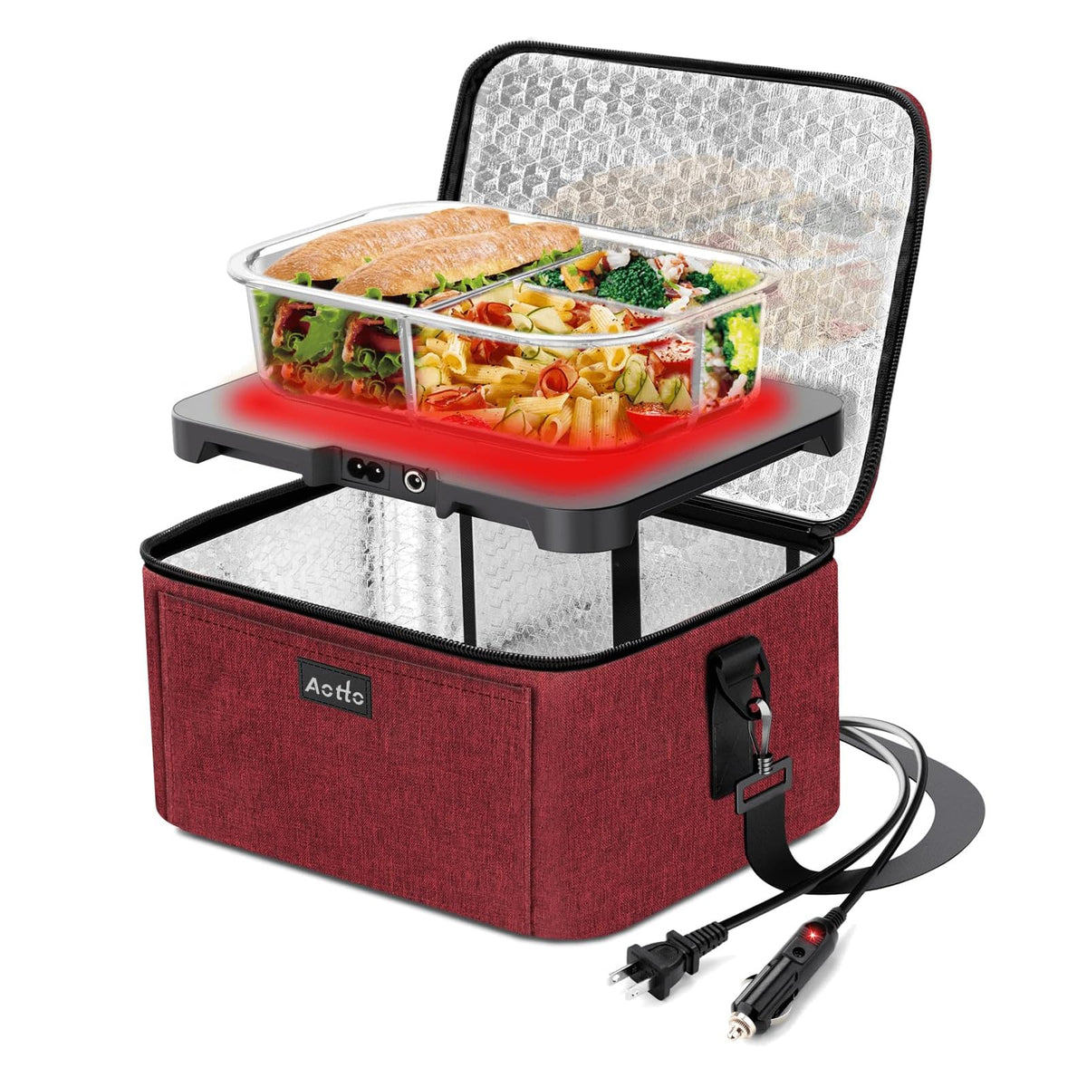 Horno portátil Aotto 12V calentando comida en coche de forma uniforme
