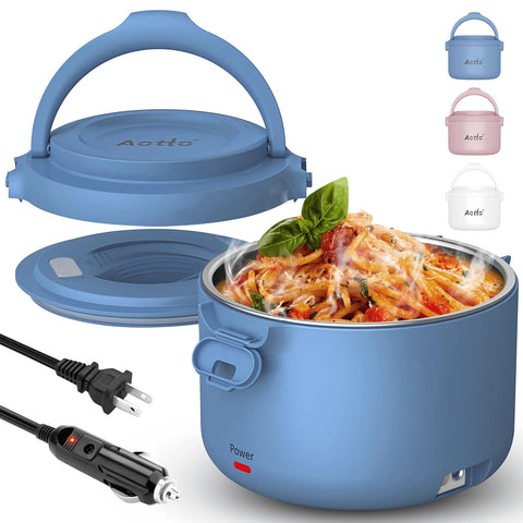 Aotto lonchera eléctrica muestra apertura segura para comidas en movimiento.