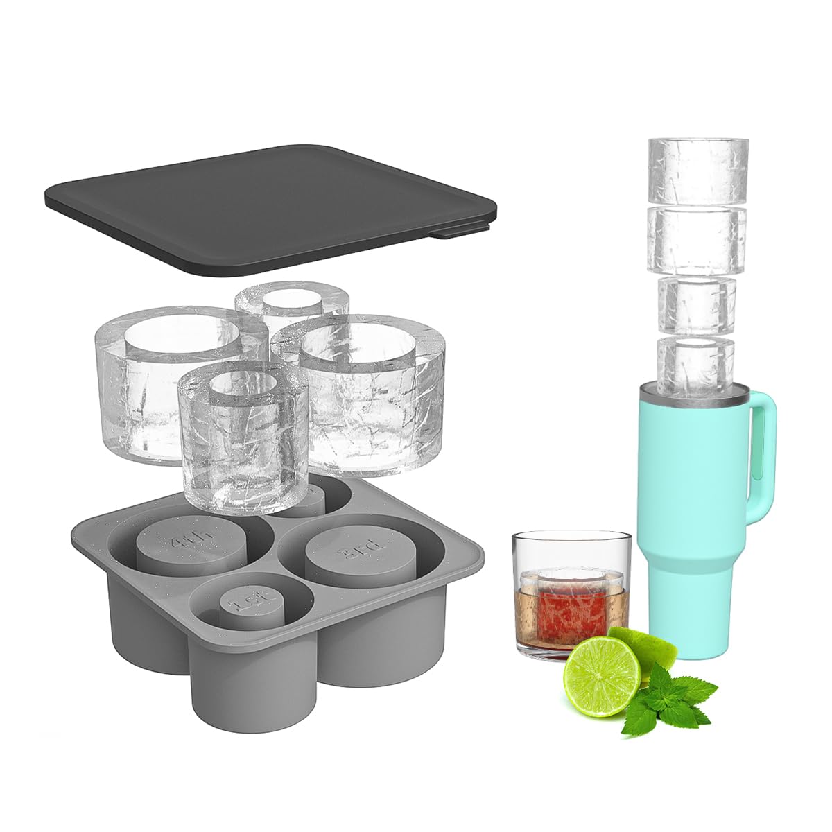 Aoxoa molde de hielo silicona grande con cilindros para tazas 20-30-40 oz que enfría más lento.