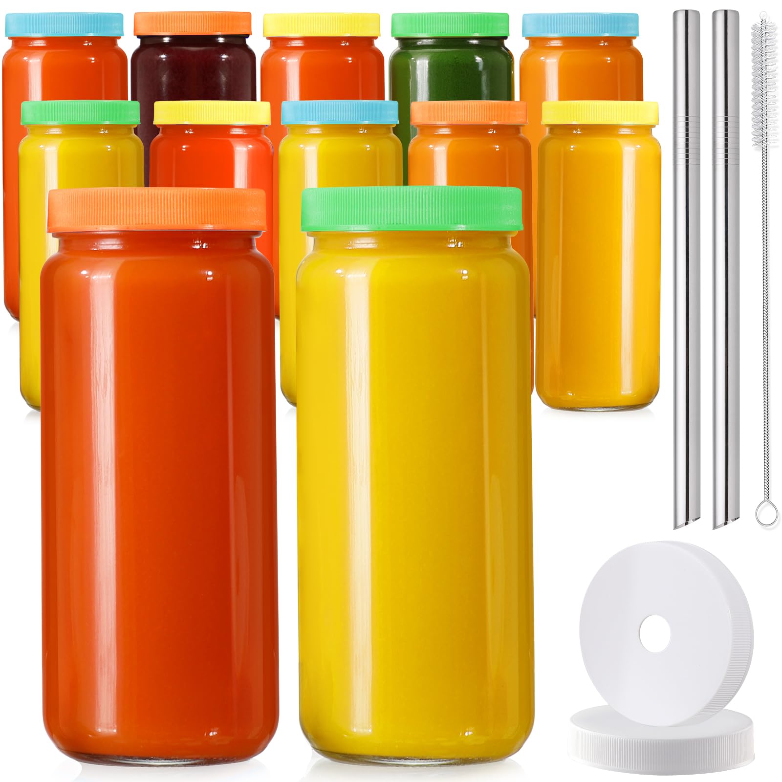Botellas AOZITA de vidrio 16 oz con tapas de colores para jugos frescos.