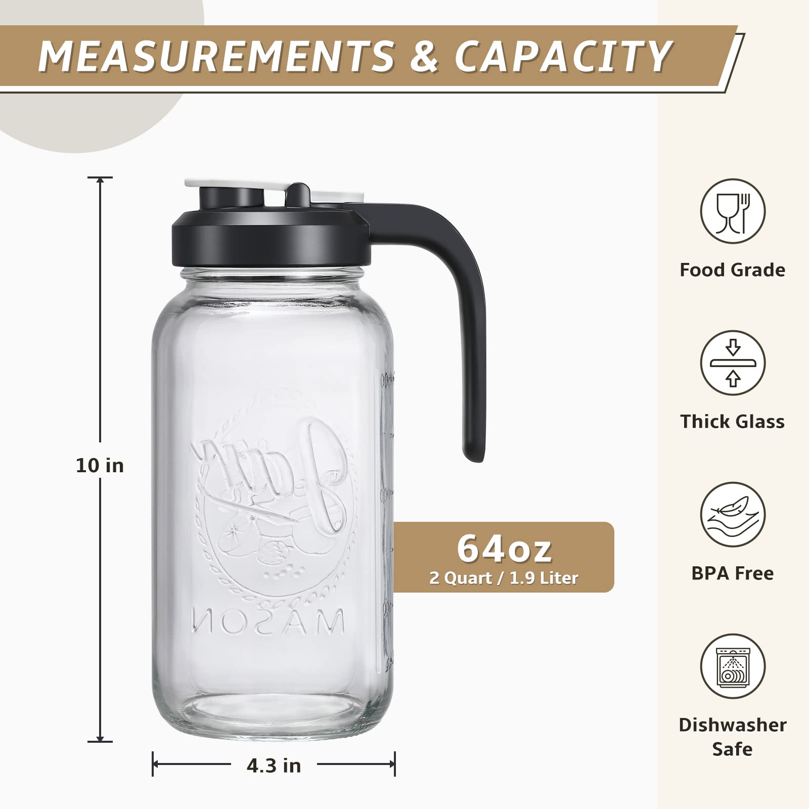 AOZITA Jarra de vidrio con gran capacidad para servir agua, jugos y té.