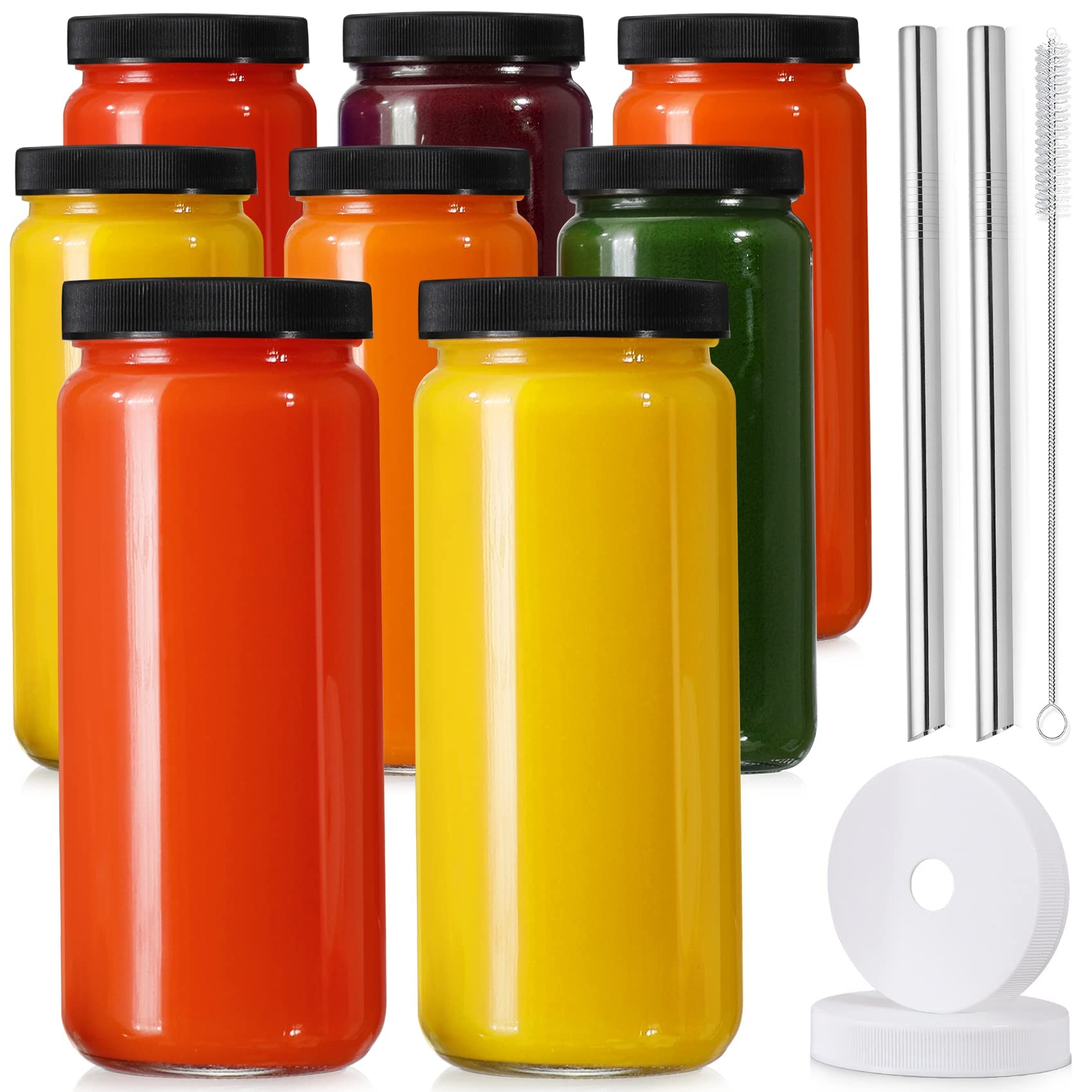AOZITA jarras de vidrio 16 oz 8 pack, ideales para jugos y smoothies.