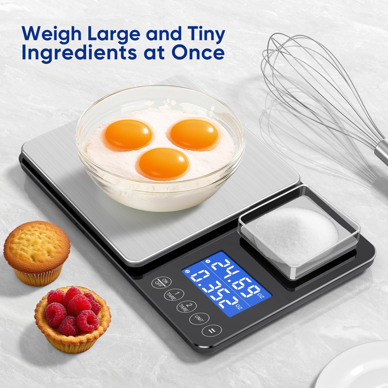 ApeWeghr: lectura LCD clara para medir ingredientes con precisión.