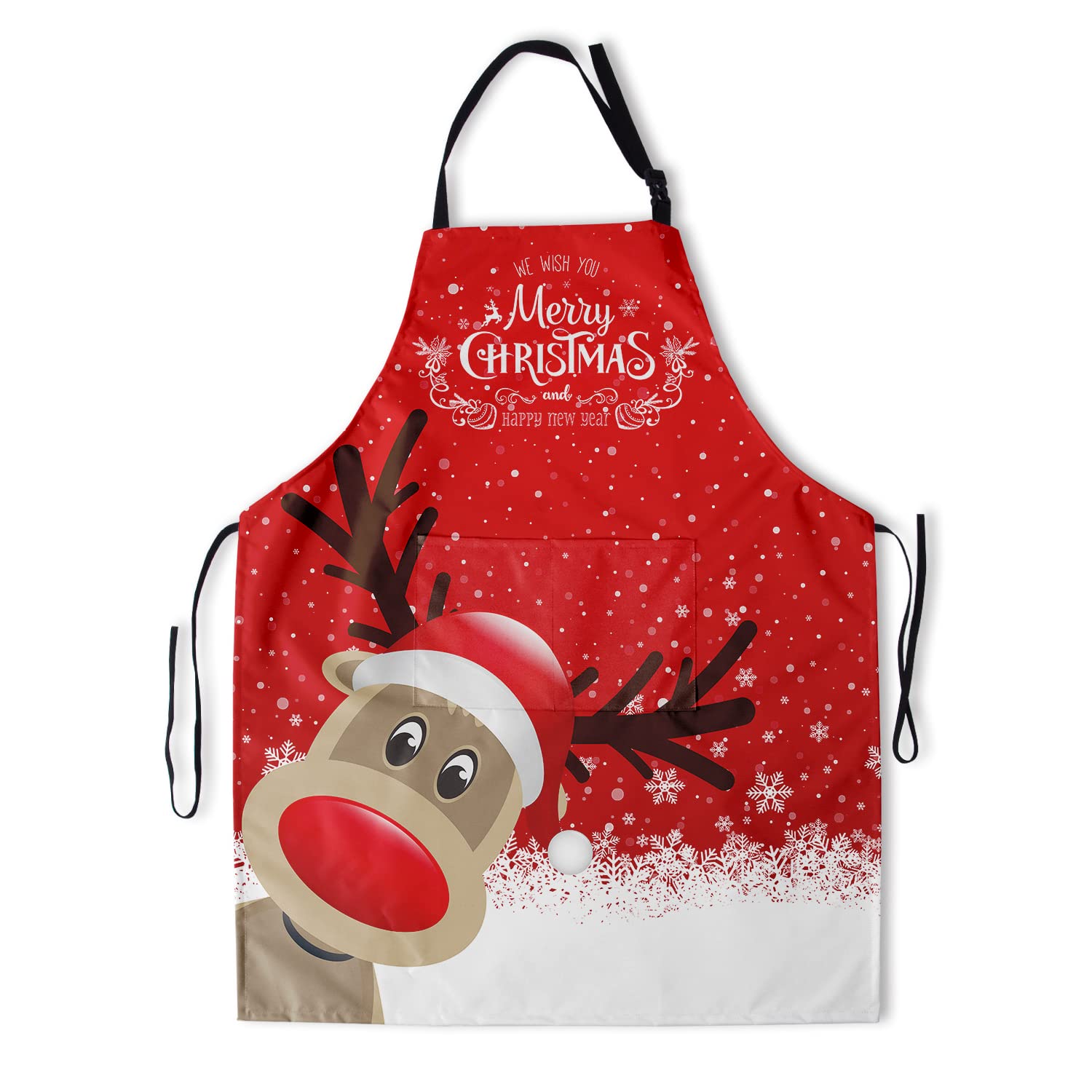 aportt delantal navideño con reno y copos de nieve, ideal para cocinar festivo