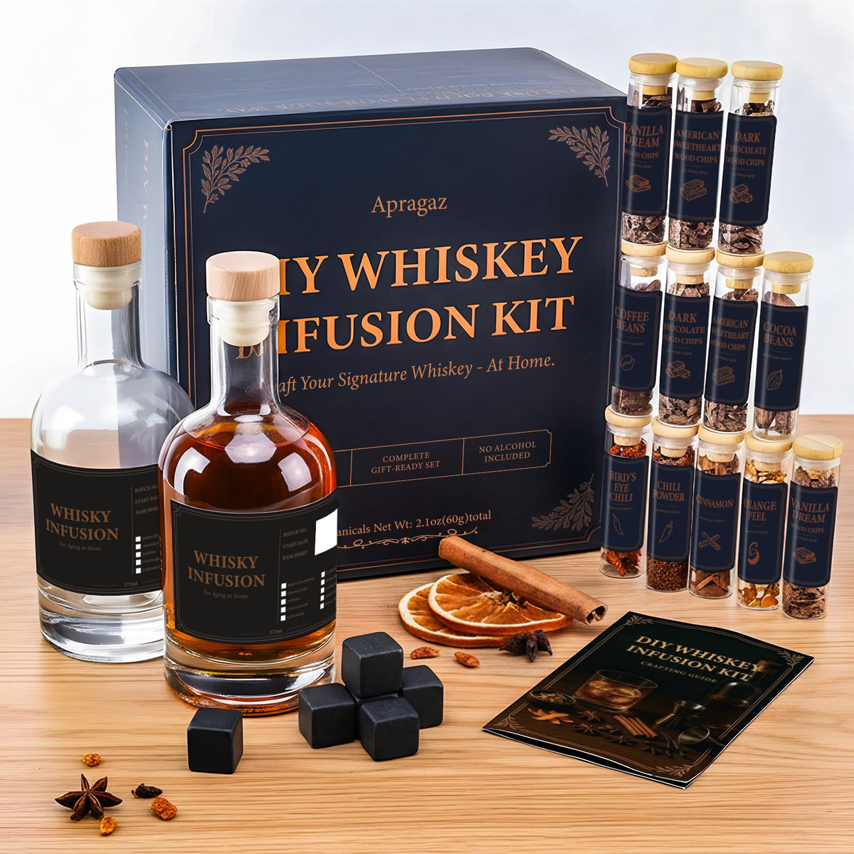 Apragaz kit whiskey infusión madera y botánicos, crea sabores personalizados en casa.