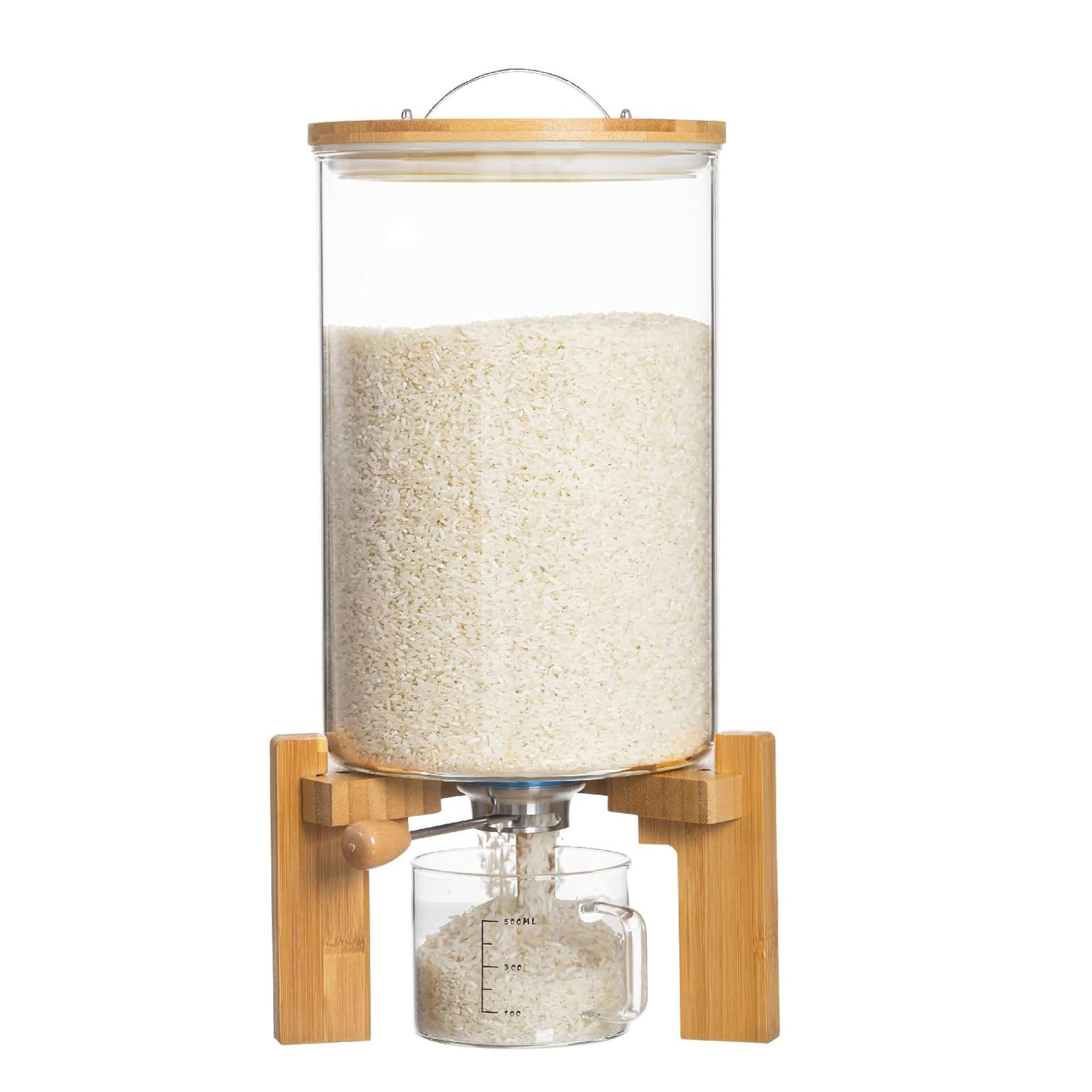 Aprilhp dispensador de arroz con tapa hermética y base de madera para cocina ordenada.