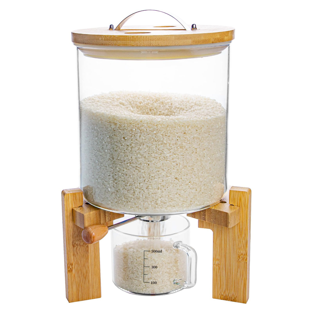 Aprilhp dispensador de arroz en vidrio con tapa hermética y base de madera, 5L para despensa