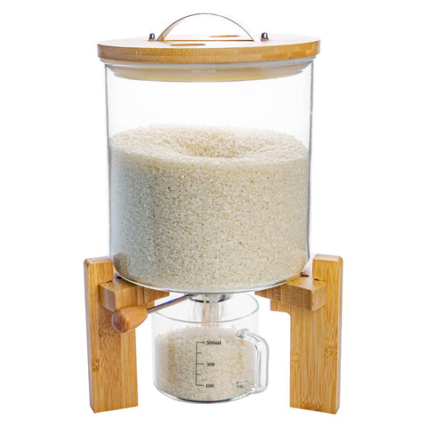 Aprilhp dispensador de arroz en vidrio con tapa hermética y base de madera, 5L para despensa