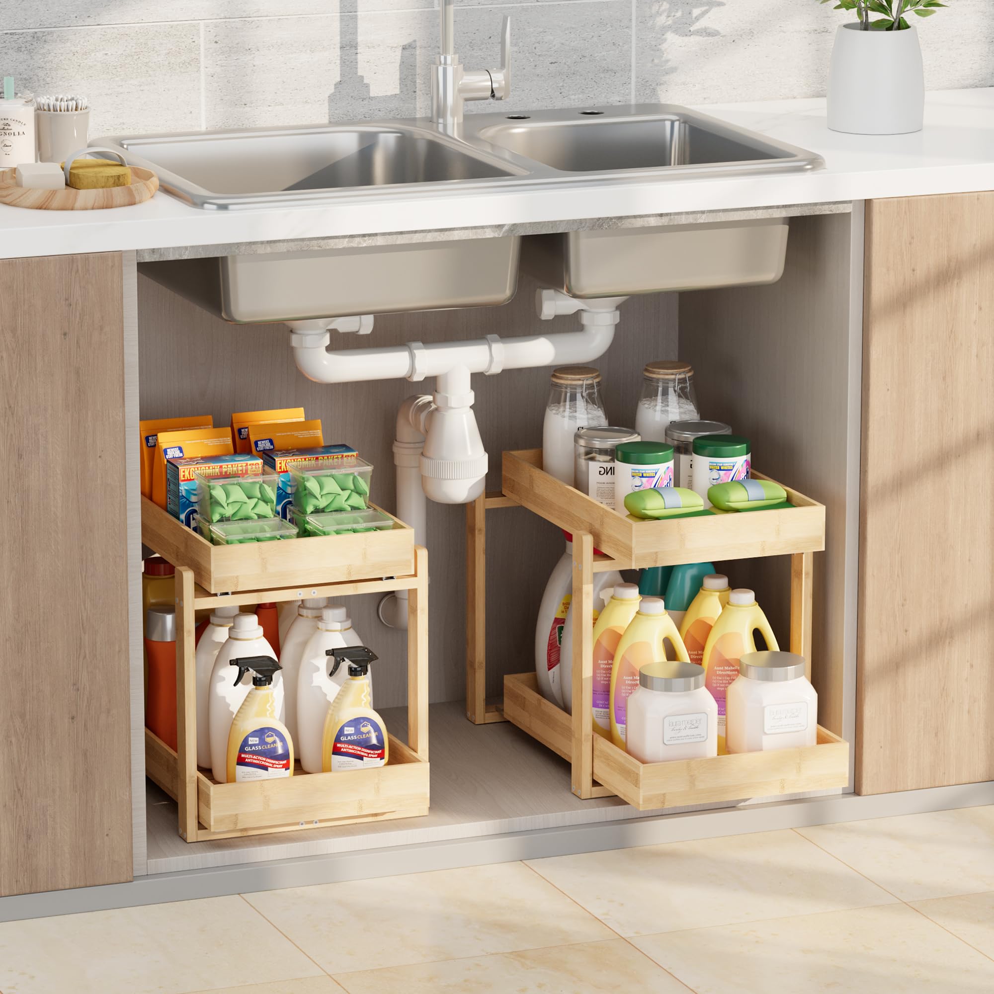 APRTAT organizador bajo lavabo en bambú, dos niveles deslizantes para aprovechar el espacio.