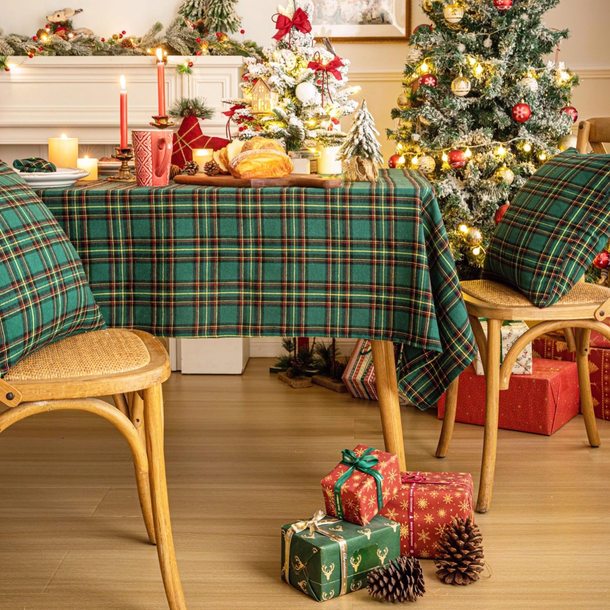 AQOTHES mantel festivo tartán verde amarillo 60x120, apto para eventos.