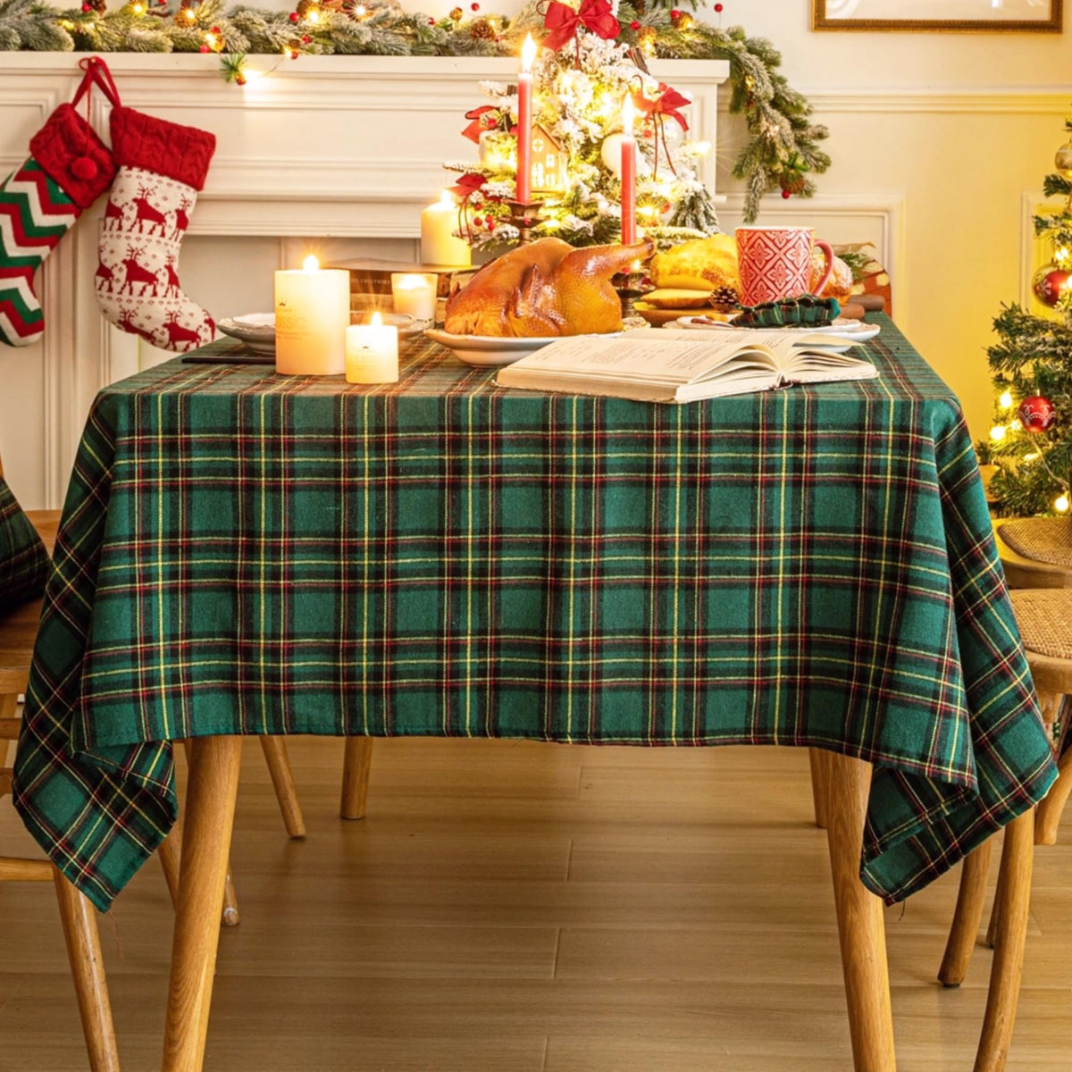 AQOTHES mantel navideño tartán verde amarillo 60x84, ideal para cenas festivas.